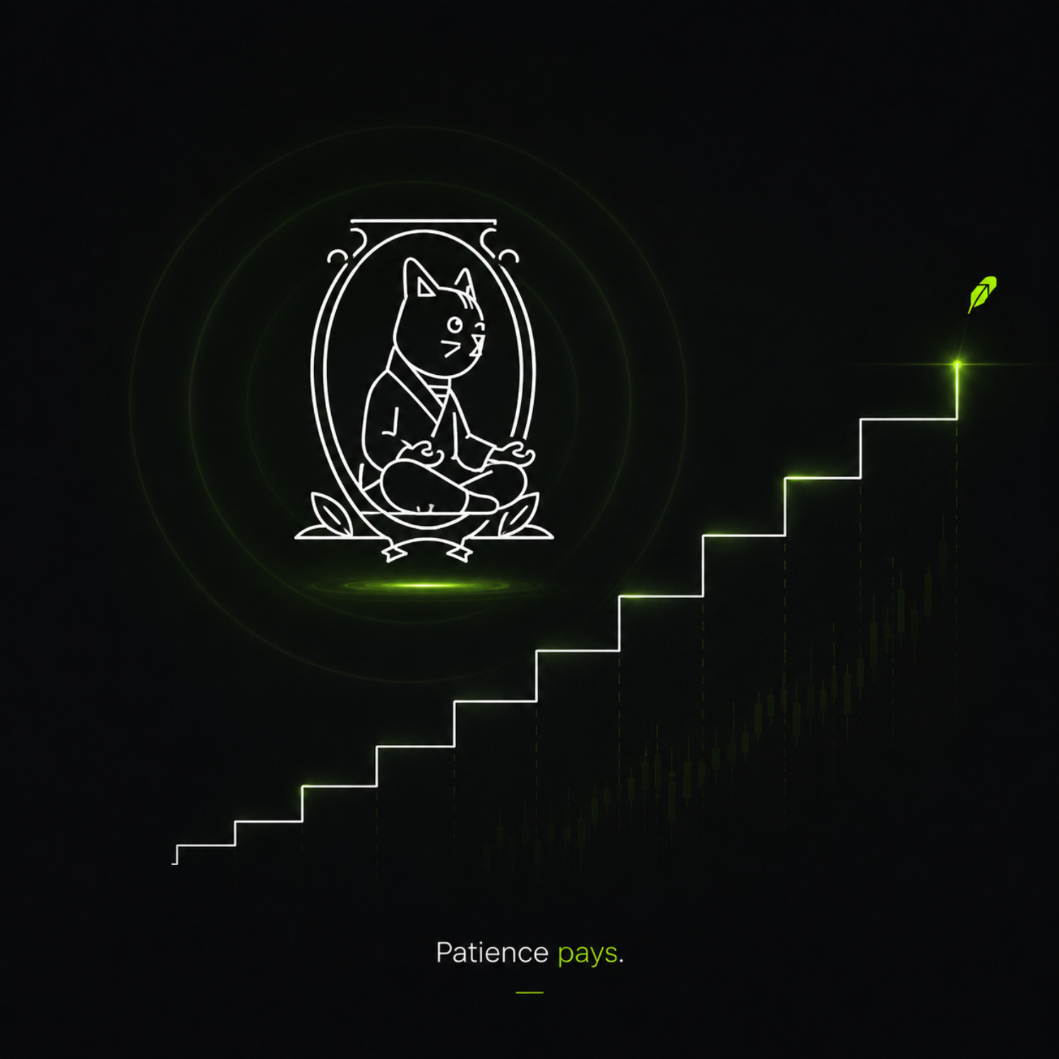 Winkcat meditating beside ascending steps; patience pays